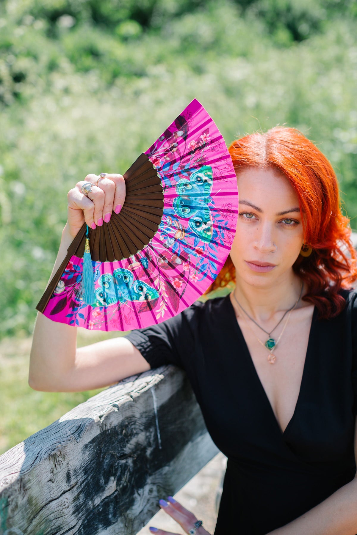 Hot pink 'Fuchsia' silk folding hand fan with butterfly and mushroom painted artwork