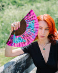 Hot pink 'Fuchsia' silk folding hand fan with butterfly and mushroom painted artwork
