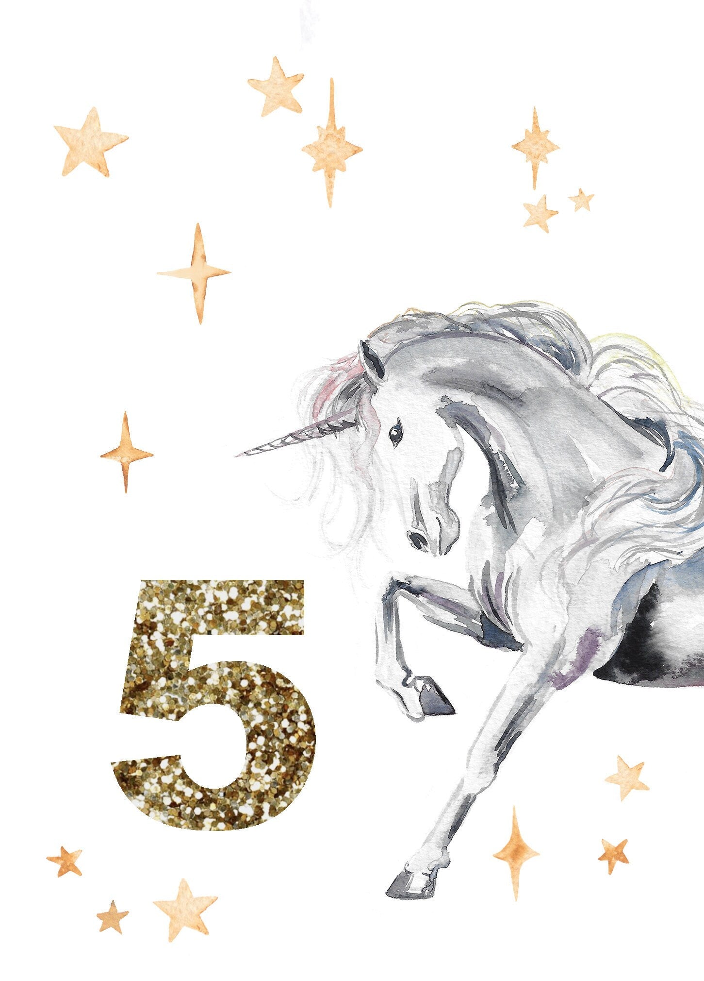 Custom Unicorn Hand-Painted Birthday Card -  Sparkly Gold Glitter Effect Age Number. 3rd 4th  5th  6th 7th 8th Birthday Card