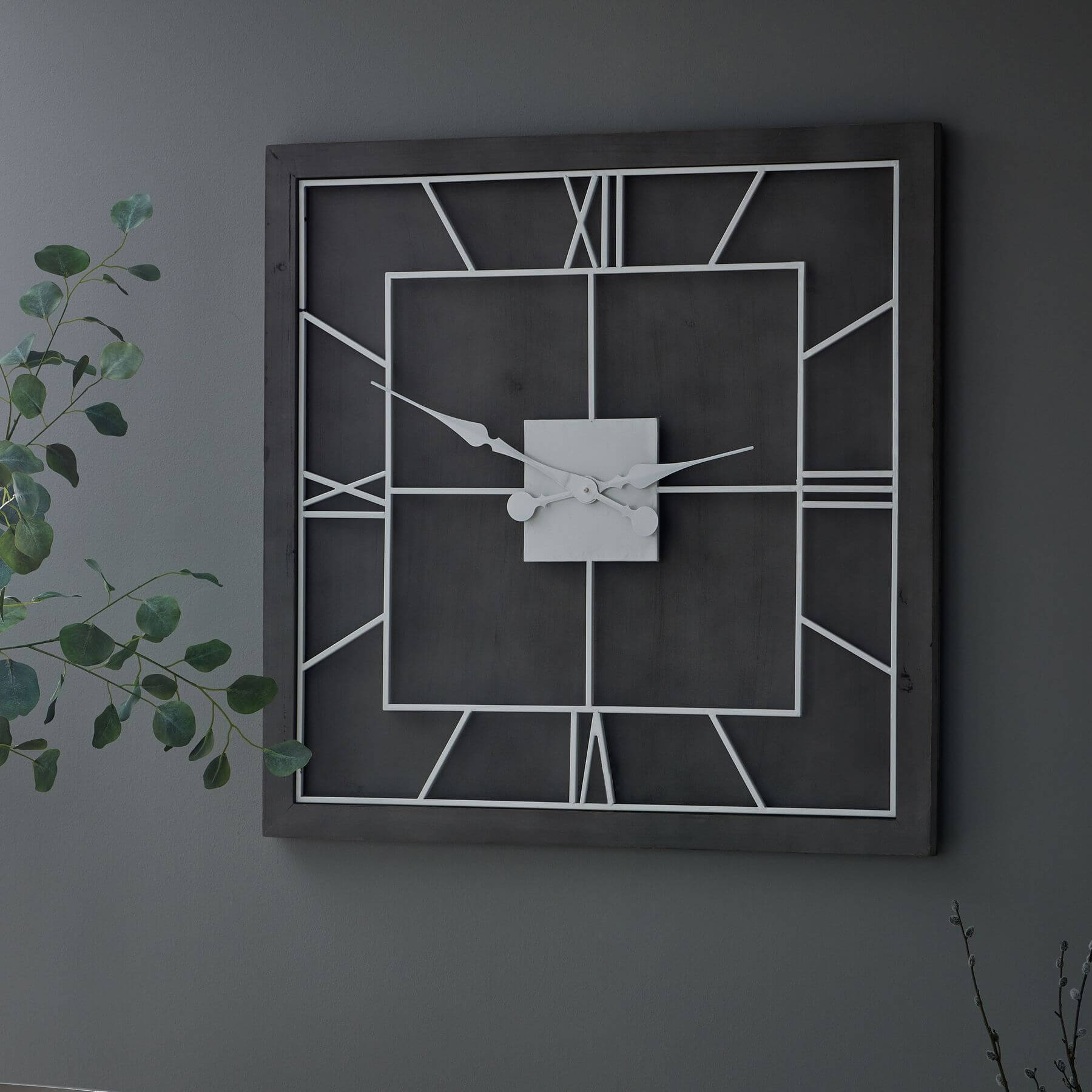 Grey Square Wall Clock with Roman Numerals