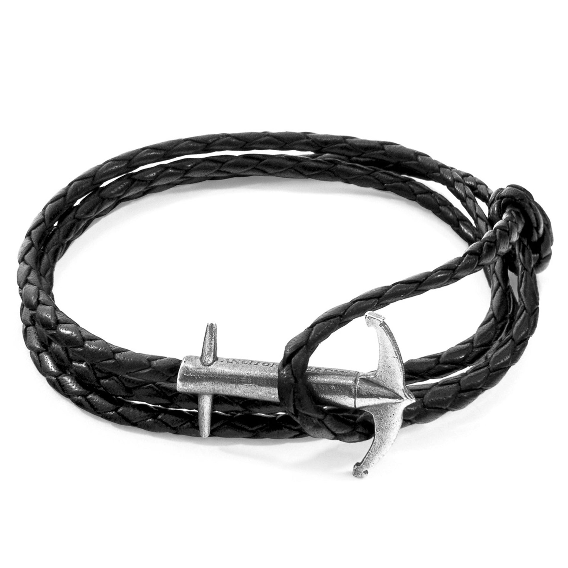 Coal Black Admiral Anchor Silver and Braided Leather Bracelet - Handcrafted British Elegance & Artisan Excellence by ANCHOR & CREW at www.brixbailey.com