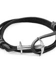 Silver Anchor Leather Bracelet Coal Black