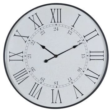 Large white wooden wall clock with Roman numerals and embossed detailing, 80cm diameter, classic home decor statement piece by Sostter at brixbailey.com