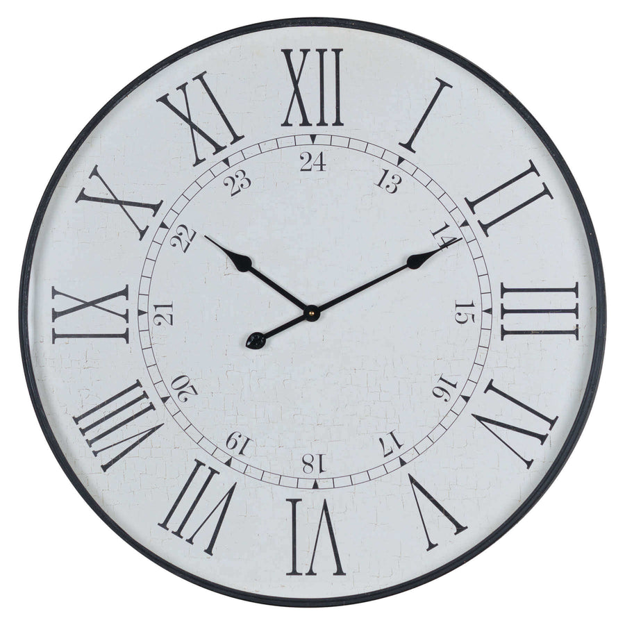 Large white wooden wall clock with Roman numerals and embossed detailing, 80cm diameter, classic home decor statement piece by Sostter at brixbailey.com