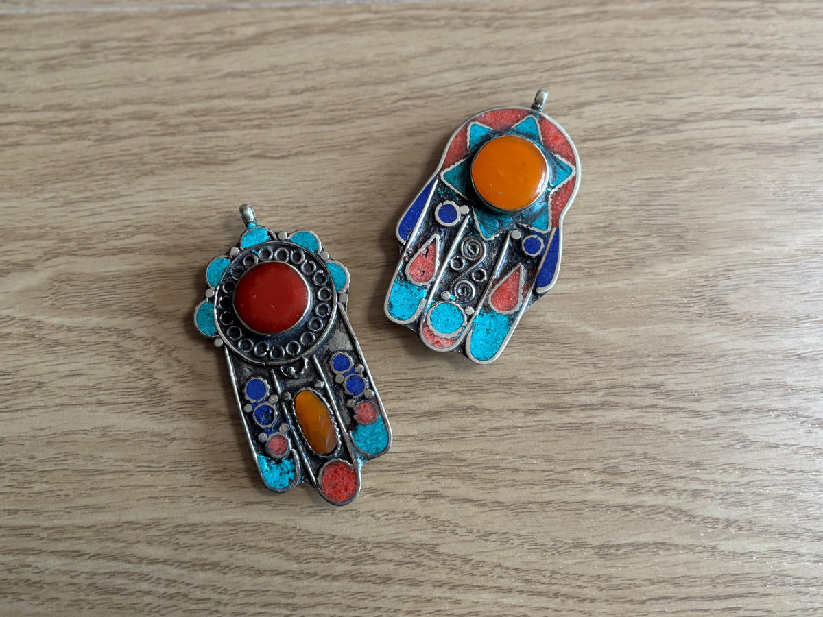 Handcrafted Hamsa Pendant - Tibetan Nepal - Amber, Coral Stone - Fatima Hands