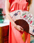 Floral Silk Fan with Toucan design and luxurious Gold tassel, part of the Mysa Collection