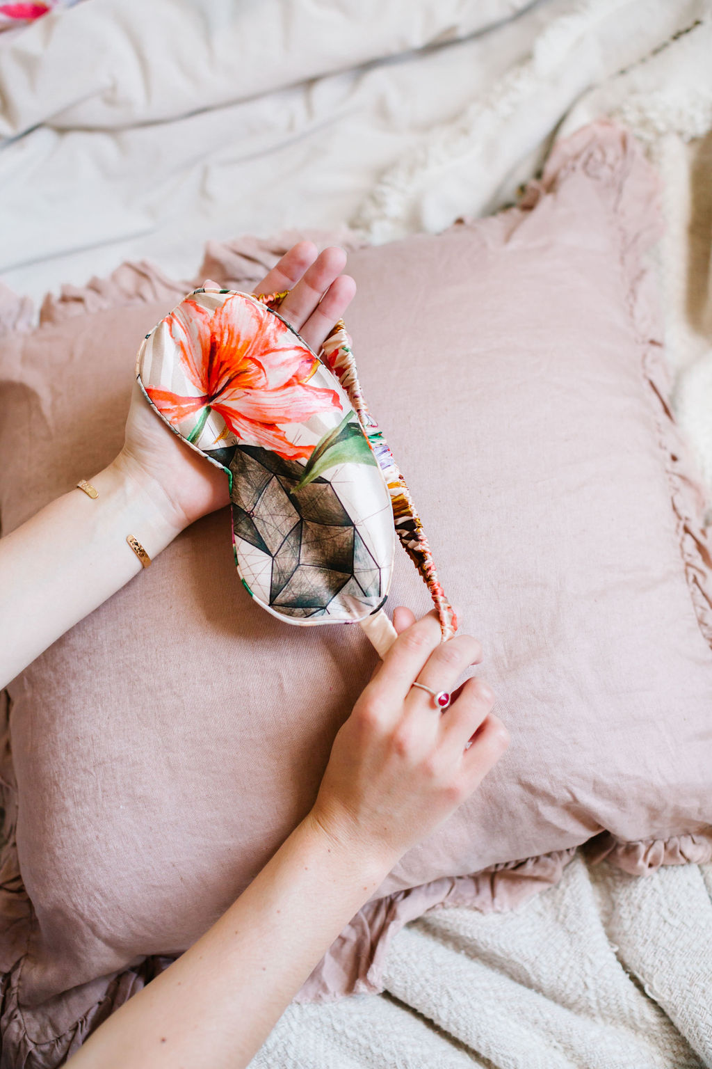 Silk eye mask with tropical floral print designs