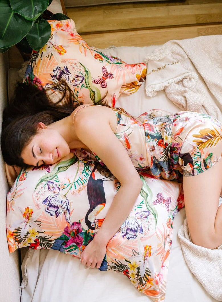Tropical Silk Pillowcase in hand painted 'Eden' print, Oxford Pillowcase