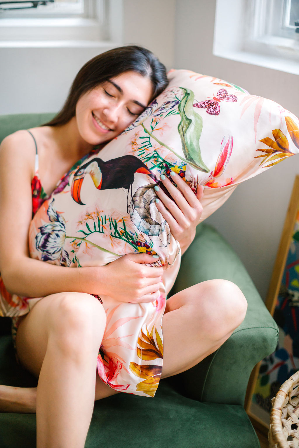 Tropical Silk Pillowcase in hand painted 'Eden' print, Oxford Pillowcase