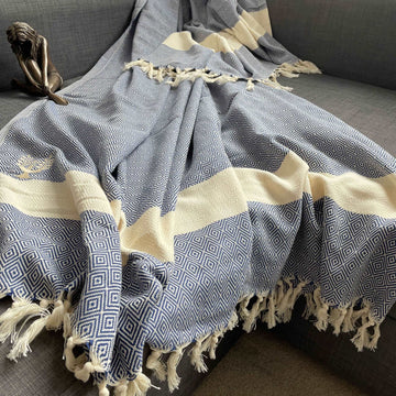 Luxury Alicia King Size Bed Throw XL, premium hand-loomed organic cotton, stylish navy blue, best-selling large diamond weave by Wildash London at brixbailey.com