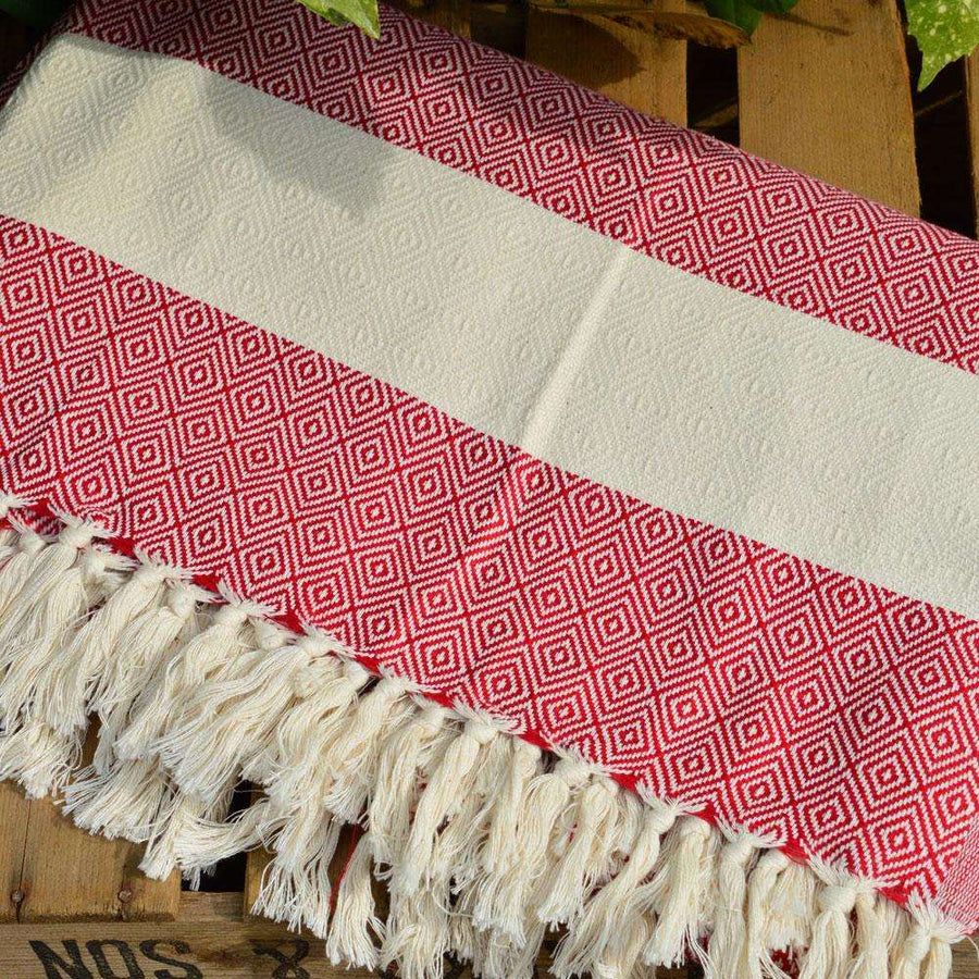 Luxury Alicia King Size Cherry Red Bed Throw, premium hand-loomed diamond weave, 100% organic cotton, supersoft, Oeko-Tex certified by Wildash London at brixbailey.com