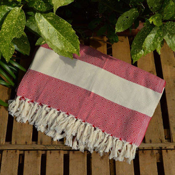 Luxury Alicia King Size Cherry Red Bed Throw, premium hand-loomed organic cotton, stylish diamond weave, best-selling supersoft throw by Wildash London at brixbailey.com