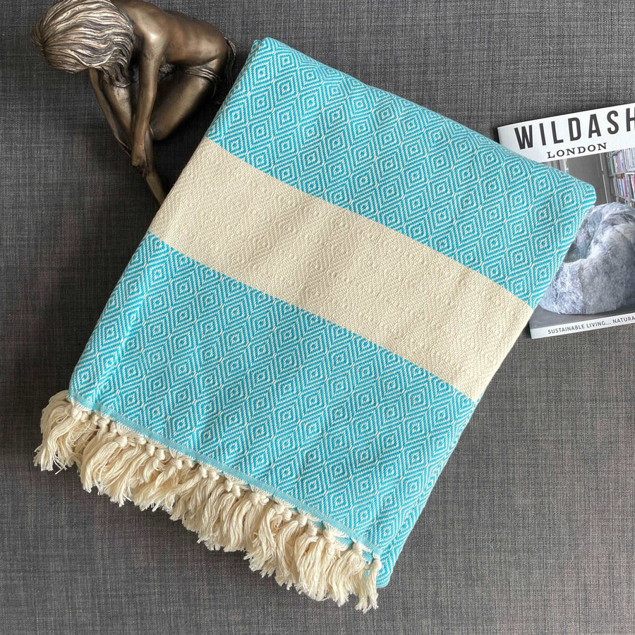 Luxury Alicia King Size Cotton Bed Throw XL, premium hand-loomed organic cotton, stylish teal diamond weave, best-selling large throw by Wildash London at brixbailey.com