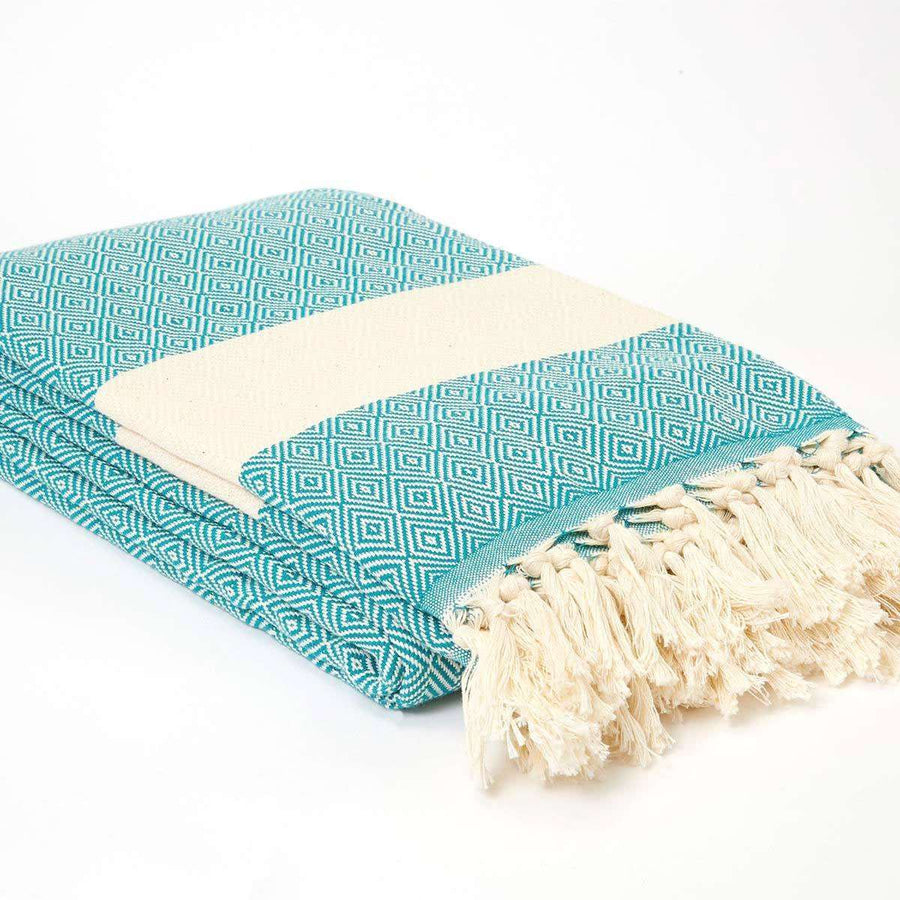 Luxury Alicia King Size Cotton Bed Throw XL, premium hand-loomed diamond weave, 100% organic unbleached cotton, teal blue-green, stylish summer throw by Wildash London at brixbailey.com