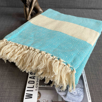 Luxury Alicia King Size Cotton Bed Throw XL, premium hand-loomed organic cotton, stylish teal diamond weave, best-selling oversized throw by Wildash London at brixbailey.com