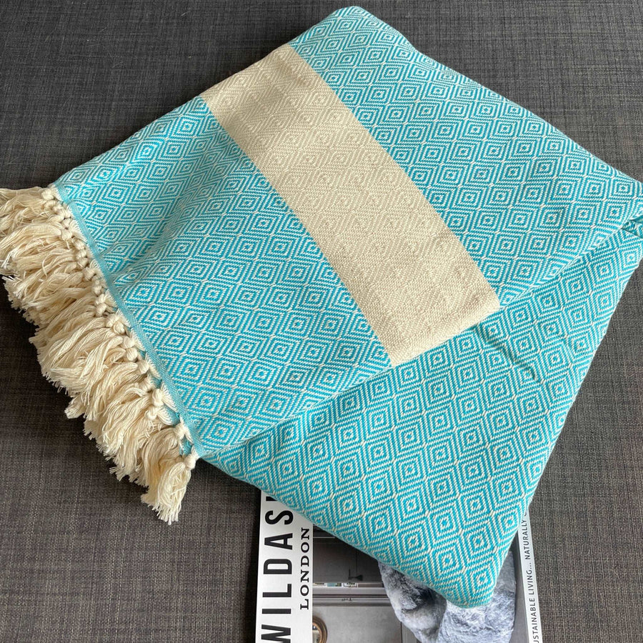 Luxury Alicia hand-loomed diamond weave organic cotton bed throw, premium teal blue-green, oversized 200x240cm, best-selling summer blanket by Wildash London at brixbailey.com