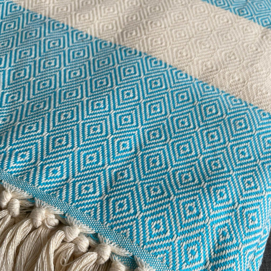 Luxury Alicia hand-loomed organic cotton bed throw, premium diamond weave, teal blue-green, king size, sustainable Oeko-Tex certified by Wildash London at brixbailey.com