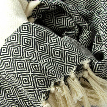 Luxury Alicia XL Coal Black Bed Throw, handloomed diamond weave, 100% unbleached natural cotton, supersoft, 200cm x 240cm by Wildash London at brixbailey.com