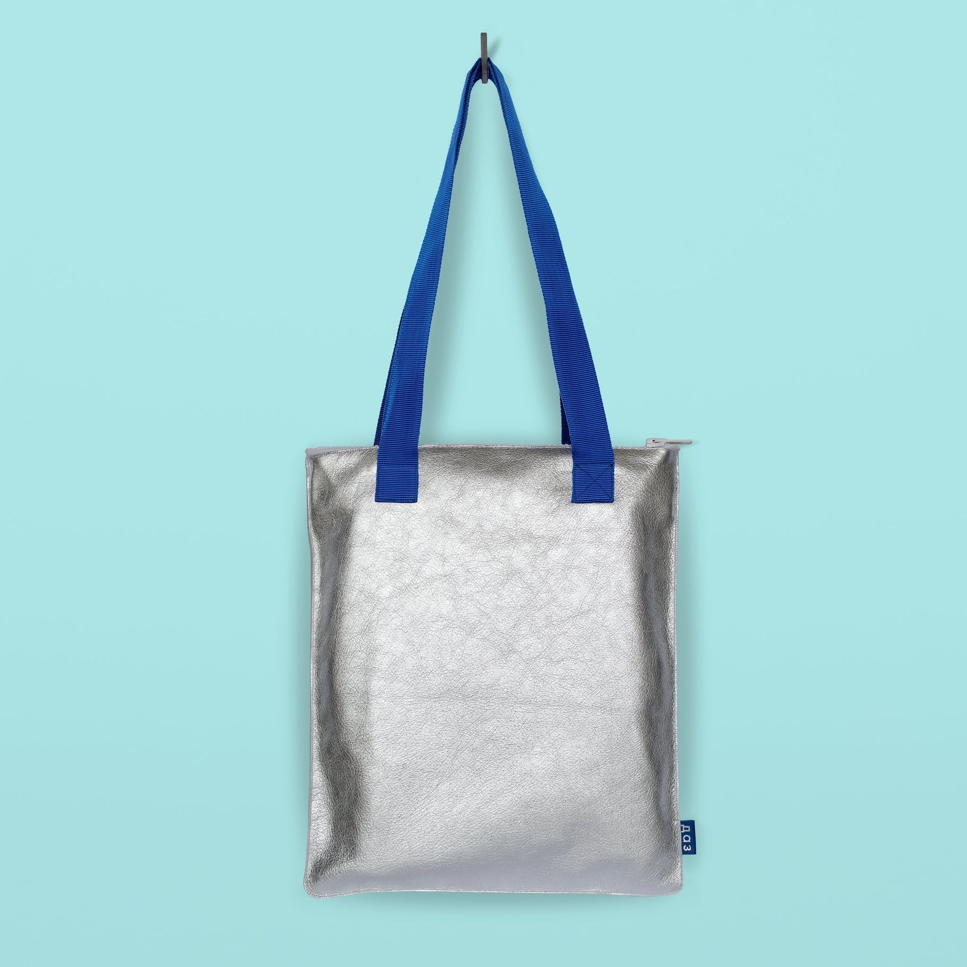 Silver Leather Tote Bag with Blue Straps – Handcrafted & Ethical by Daz Studio at www.brixbailey.com