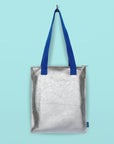 Silver Leather Tote Bag with Blue Straps – Handcrafted & Ethical by Daz Studio at www.brixbailey.com
