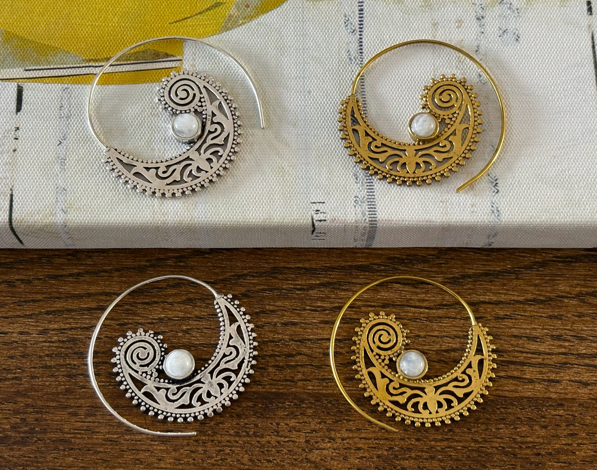 Bohemian Spiral Statement Earrings with Moonstone Accent