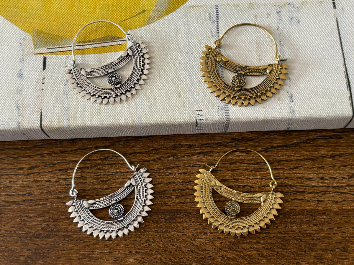 Handcrafted Bohemian Tribal Sunburst Brass Hoop Earrings – Gold &amp; Silver Finish