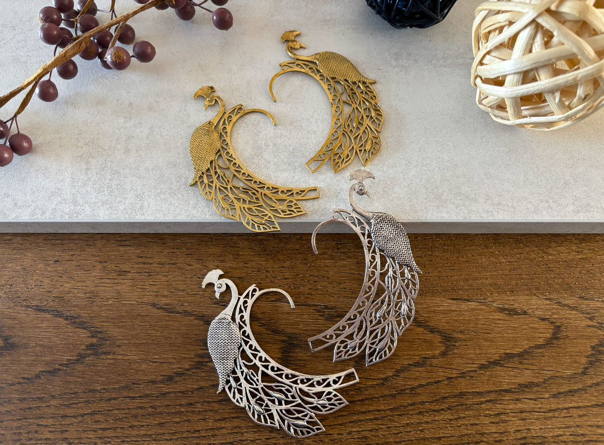 Boho Peacock Filigree Ear Cuff - No Piercing Wrap Earring in Silver & Gold