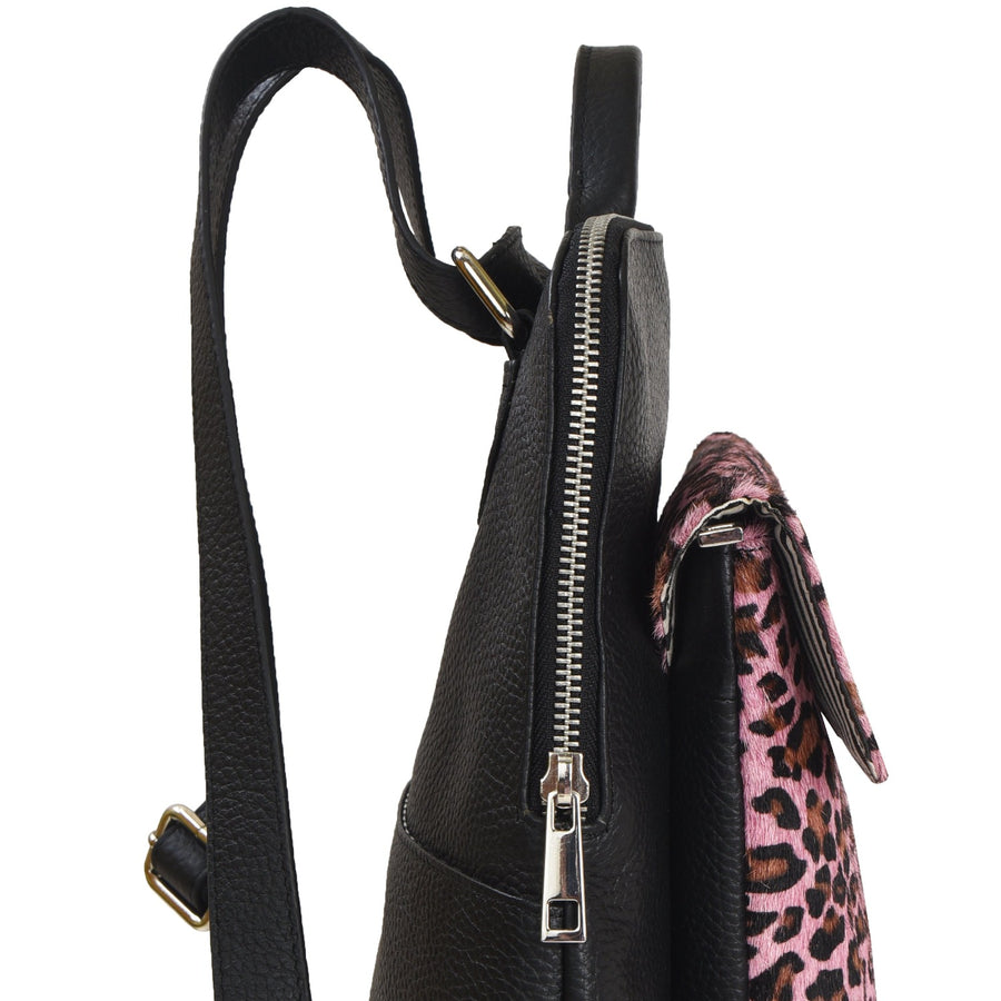 Pink Leopard Print Leather Flap Pocket Backpack Brix and Bailey Ethical Handbag Brand