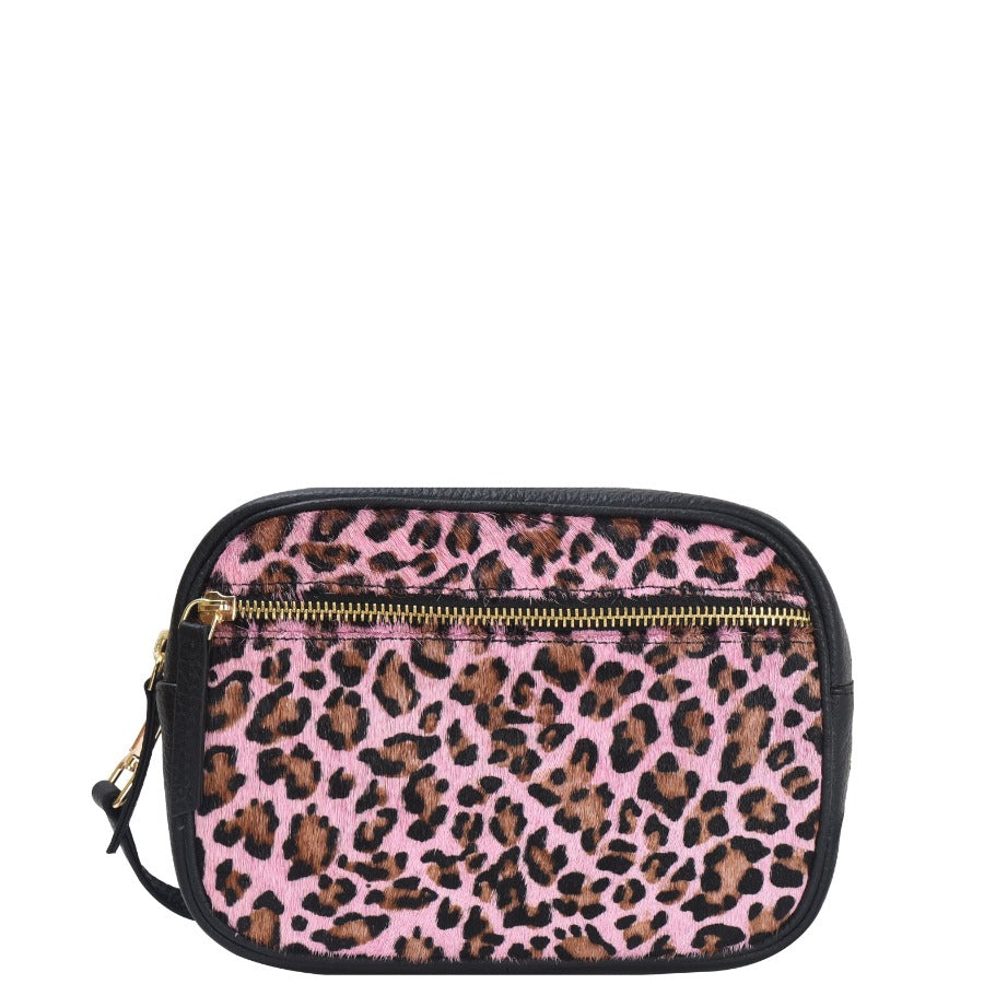 Pink Leopard Print Convertible Leather Cross Body Camera Bag Ethical Sustainable LEather Bag Brand Brix and Bailey