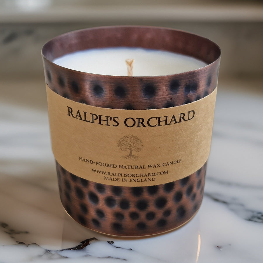 Antique tin scented candles, luxury hand-poured soy candles in vintage style, best-selling home decor with premium fragrances, cruelty-free and eco-friendly by Ralph's Orchard at brixbailey.com