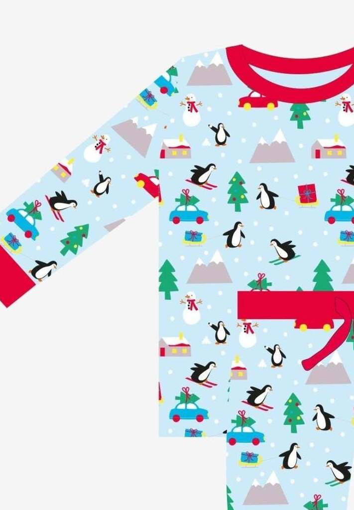 Premium Christmas pajama set for couples, cozy organic cotton sleepwear with penguin and snowman print, stylish matching holiday loungewear by Toby Tiger at brixbailey.com