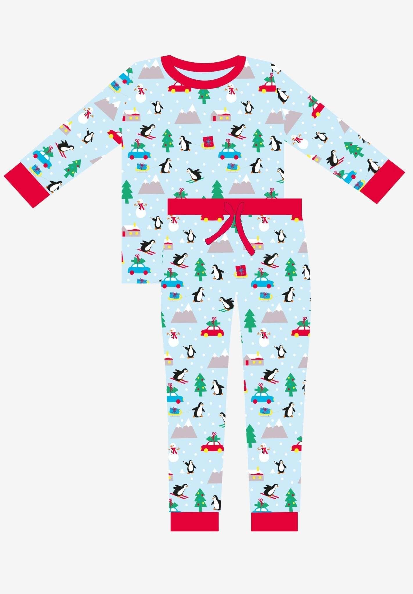 Premium Christmas pajama set for couples, cozy organic cotton sleepwear with penguin and snowman print, luxury matching holiday pajamas by Toby Tiger at brixbailey.com