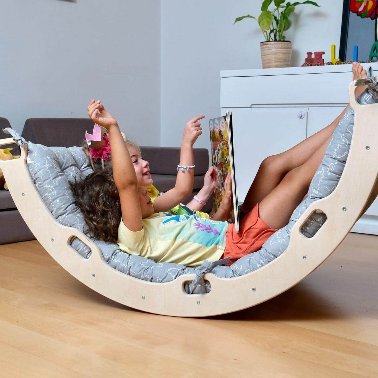 Montessori Arch/Rocker with Gray Dinosaur Pattern Pillow Set-0