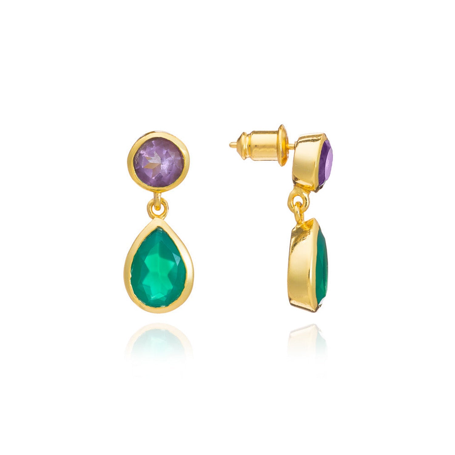 Iris Double Gemstone Drop Earrings with Amethyst &amp; Green Onyx