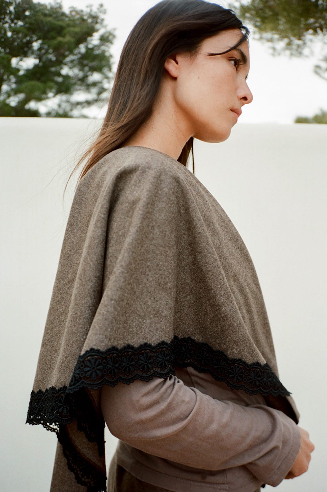Felted Wool Triangle Scarf with lace in mocha