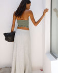 The Arabella Bias-Cut Maxi Skirt in striped olive green