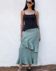 The Carrie Ruffled Maxi Skirt in olive green