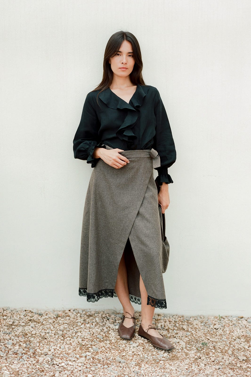 The Zoe Wool Wrap Skirt with lace trim in mocha