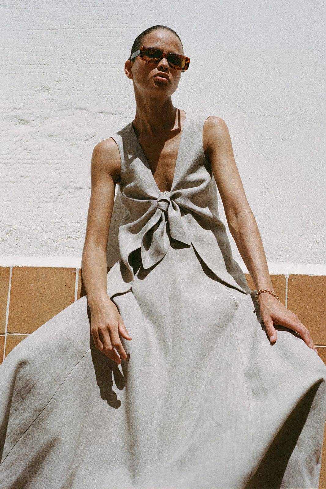 The Lucia Tie Vest in oatmeal