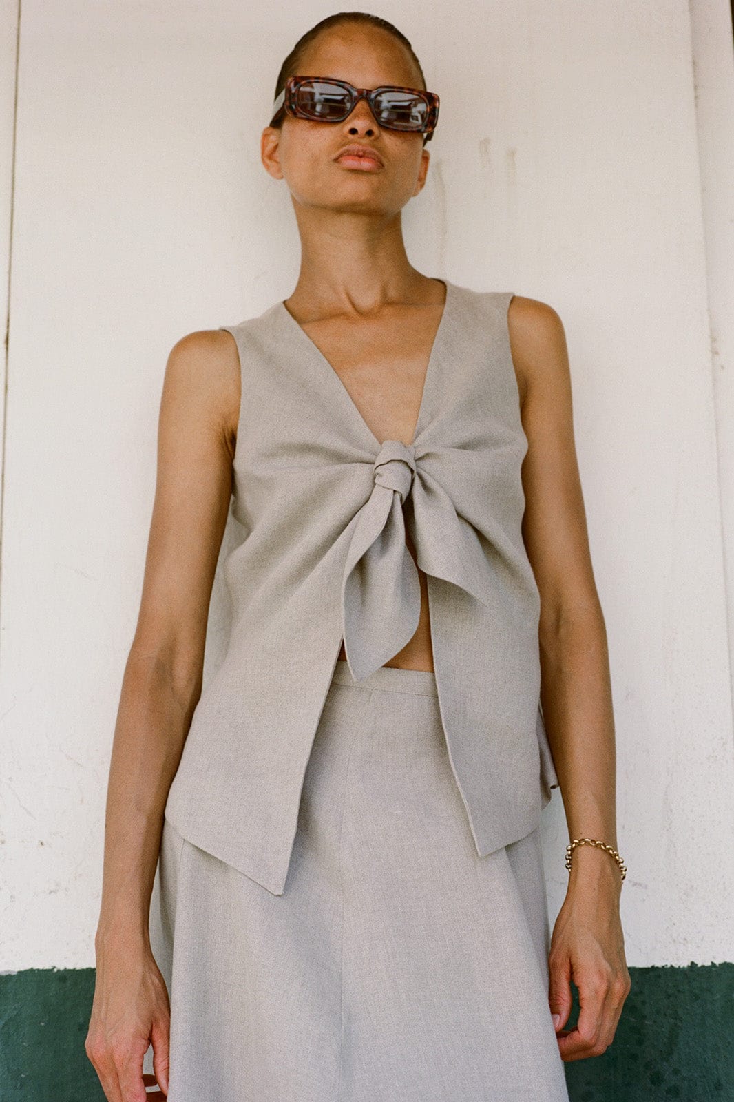 The Lucia Tie Vest in oatmeal