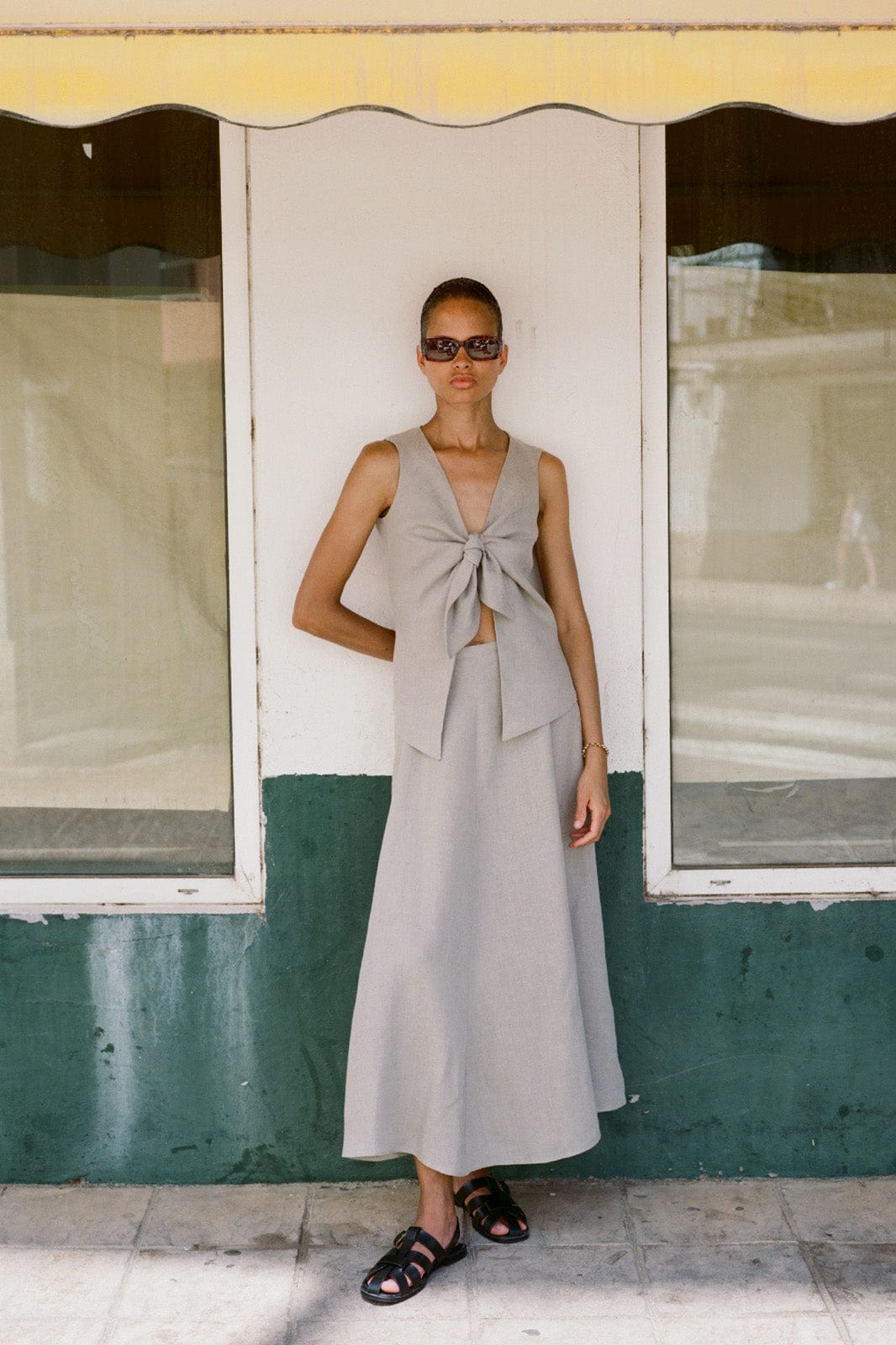 The Lucia Tie Vest in oatmeal