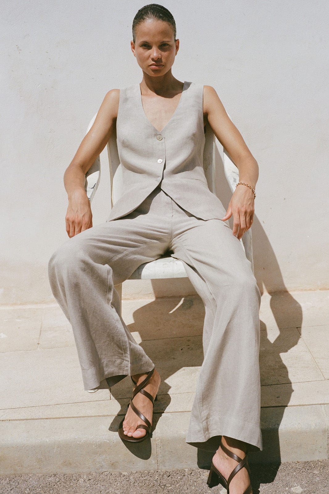 The Rosalie Buttoned Vest in oatmeal