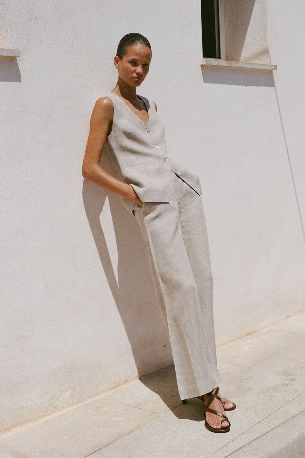 The Rosalie Buttoned Vest in oatmeal