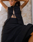 The Alma Stand-Up Collar Tie Vest in black