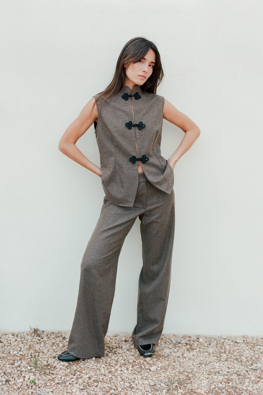 The Aria Stand-Up Collar Wool Vest in mocha