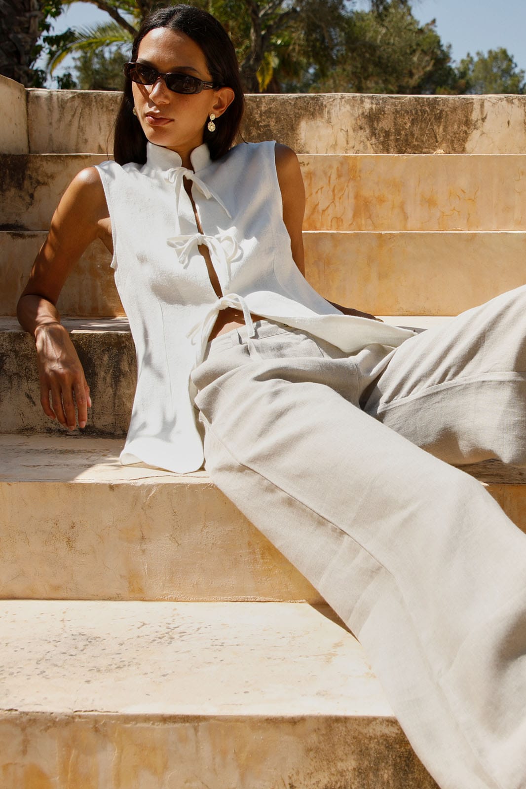The Willow Wide-Leg Pleated Linen Trousers in oatmeal