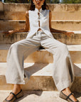 The Willow Wide-Leg Pleated Linen Trousers in oatmeal