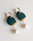 Dark Green Porcelain and Pearl Earrings