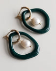 Dark Green Pearl and Porcelain Hoop Earrings