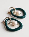 Dark Green Pearl and Porcelain Hoop Earrings